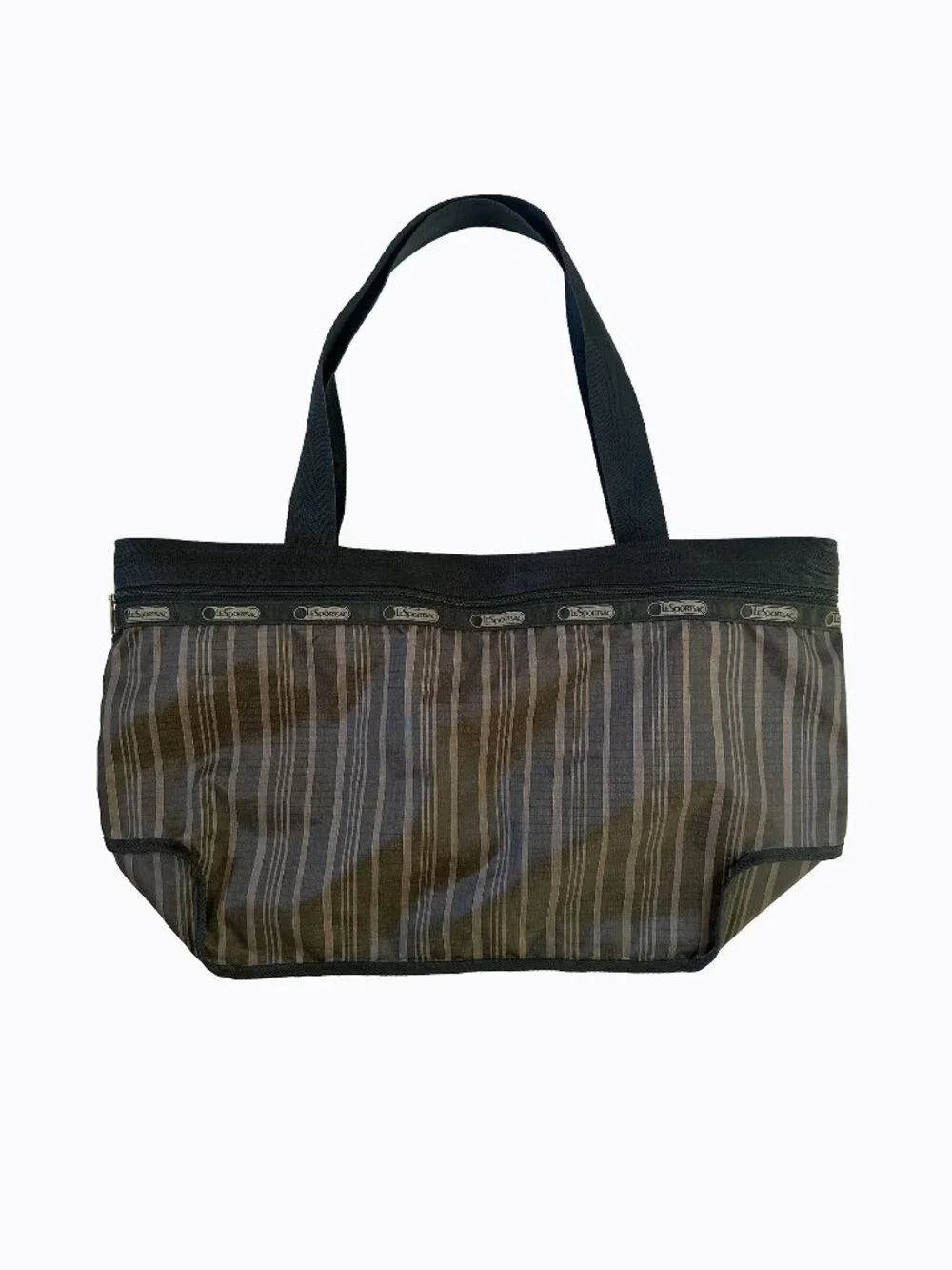 Vtg 90s LeSportsac Brown Striped Nylon Ripstop Tote Bag Weekender Travel Utility